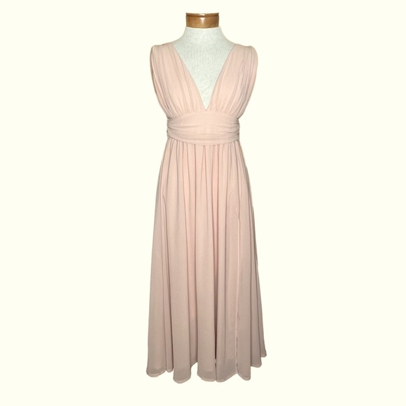 Lulu’s Deep V-Neck Blush Gown Maxi Prom Dress With Front Slit Grecian Goddess S - Picture 2 of 16